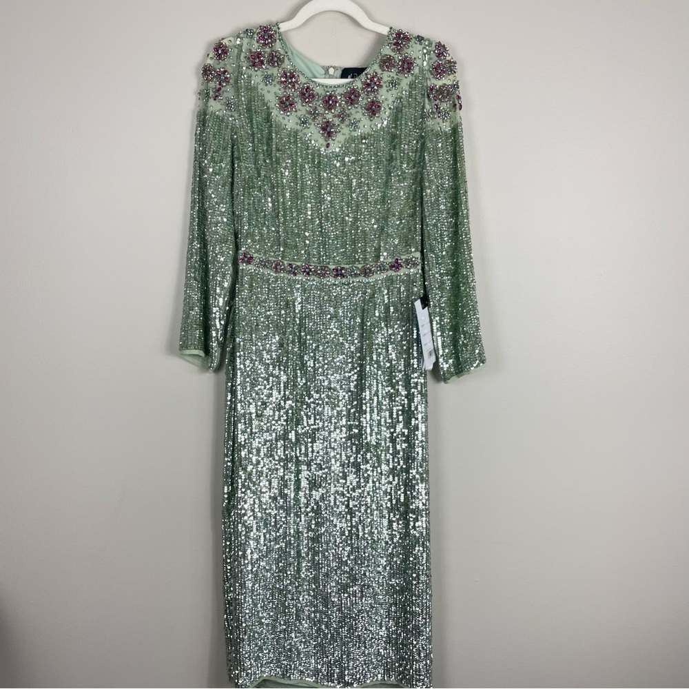 Mac Duggal Floral Beaded Dress Women 4 Sequins Tea Length Sage Green Long Sleeve - Picture 3 of 13